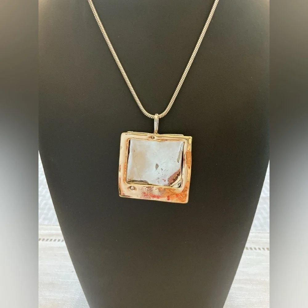 Gold and Silver Tone Square Pendant Necklace
